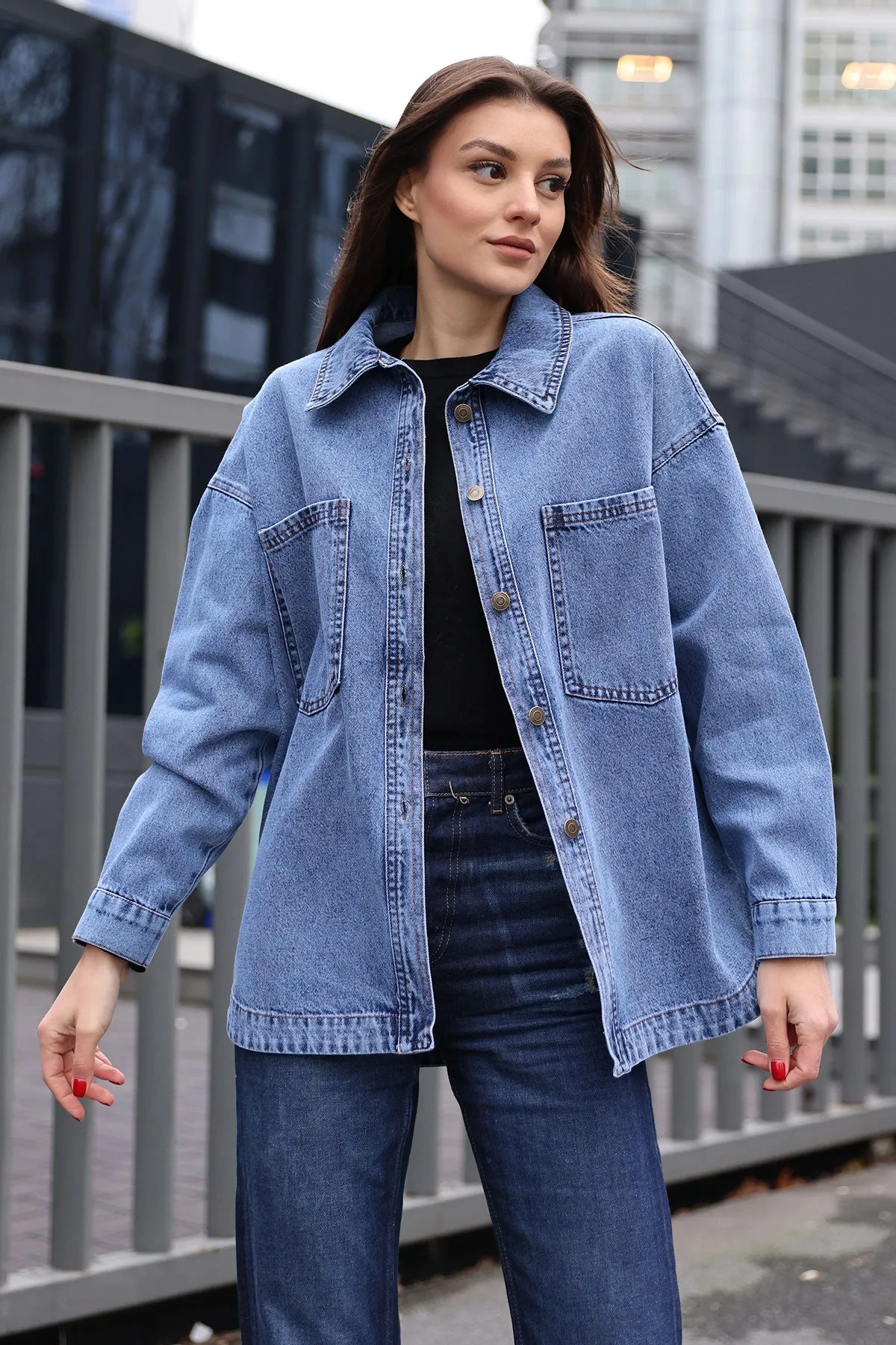 0694 çift cepli oversize denim ceket