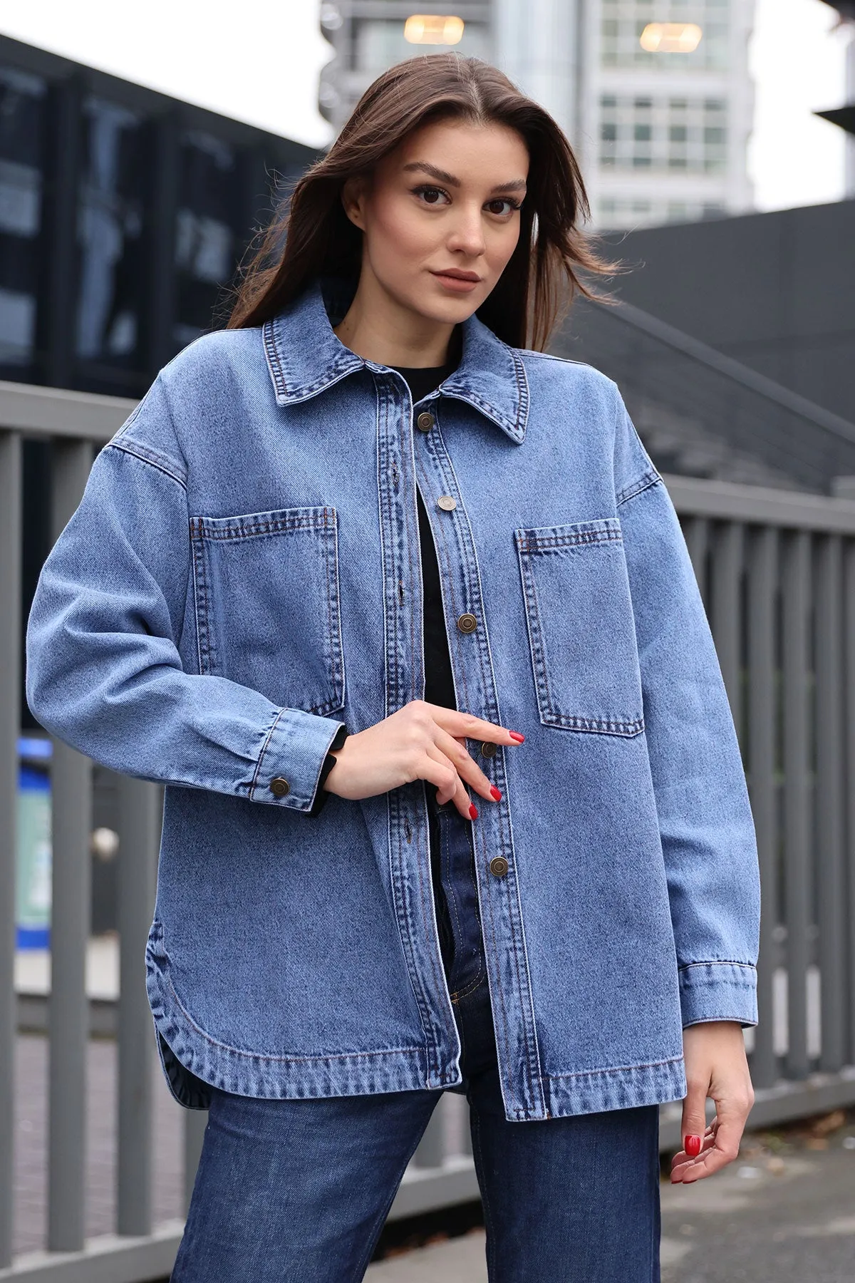 0694 çift cepli oversize denim ceket
