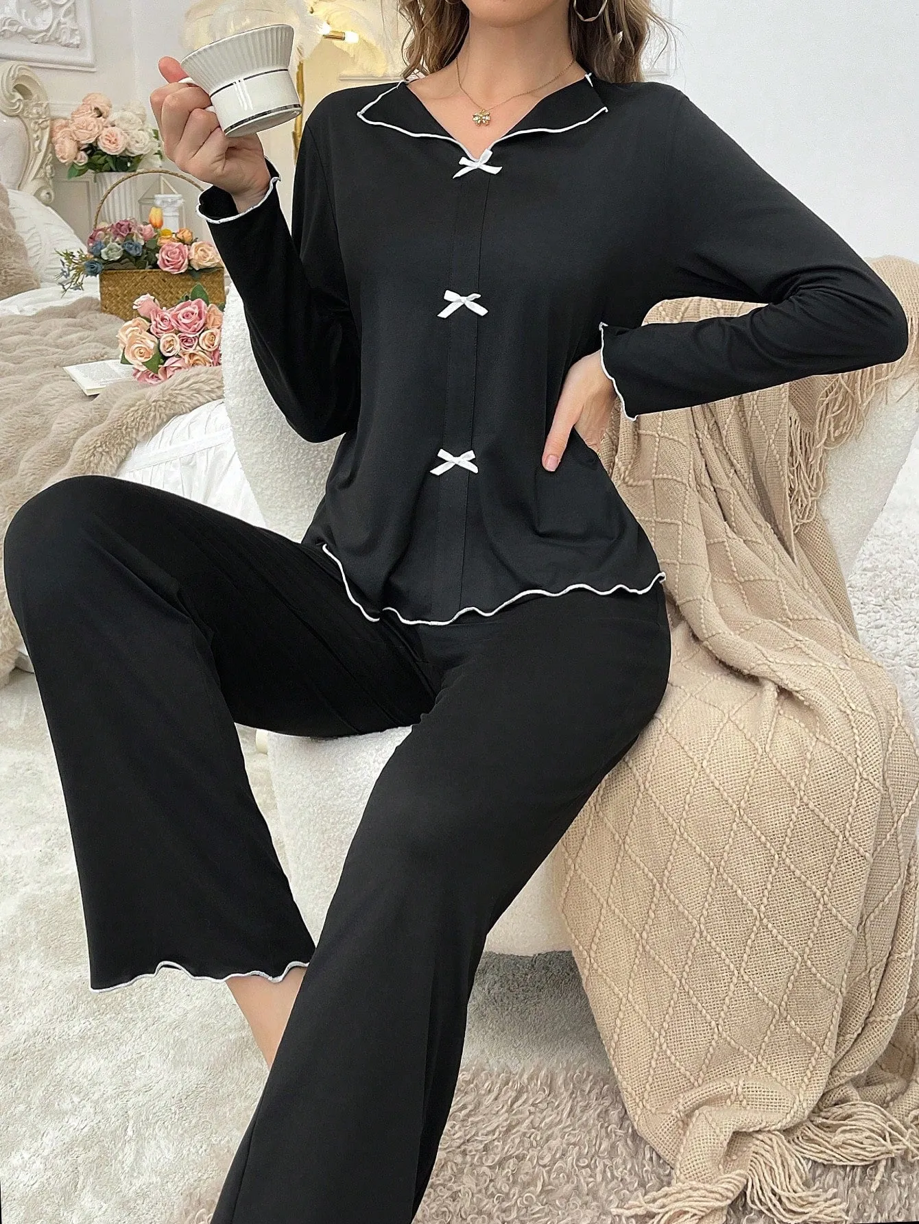 Autumn/Winter Lightweight Faux Cardigan & Bow Accent Comfortable Pajama Set