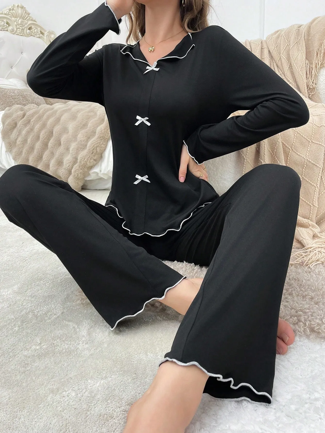 Autumn/Winter Lightweight Faux Cardigan & Bow Accent Comfortable Pajama Set