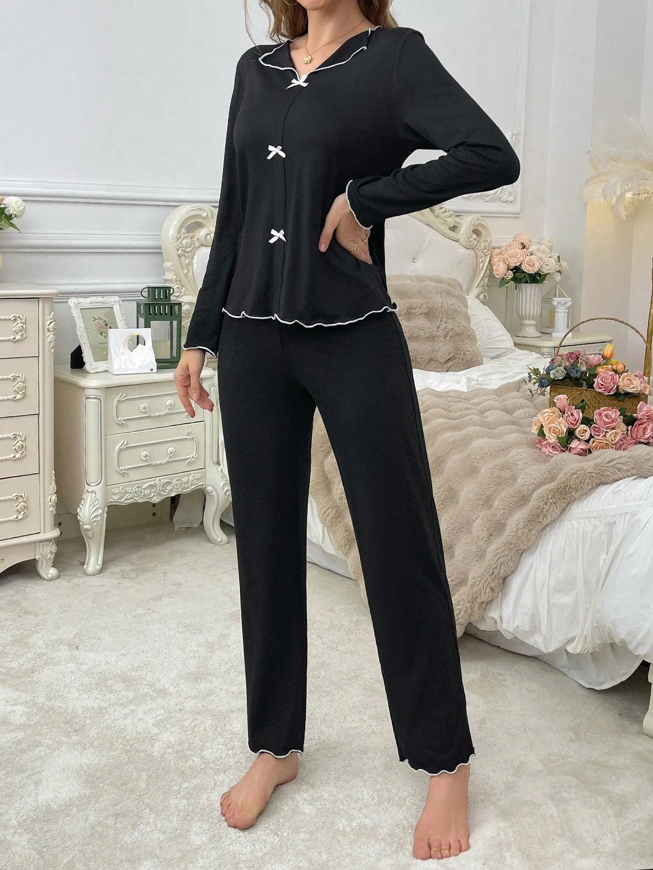 Autumn/Winter Lightweight Faux Cardigan & Bow Accent Comfortable Pajama Set