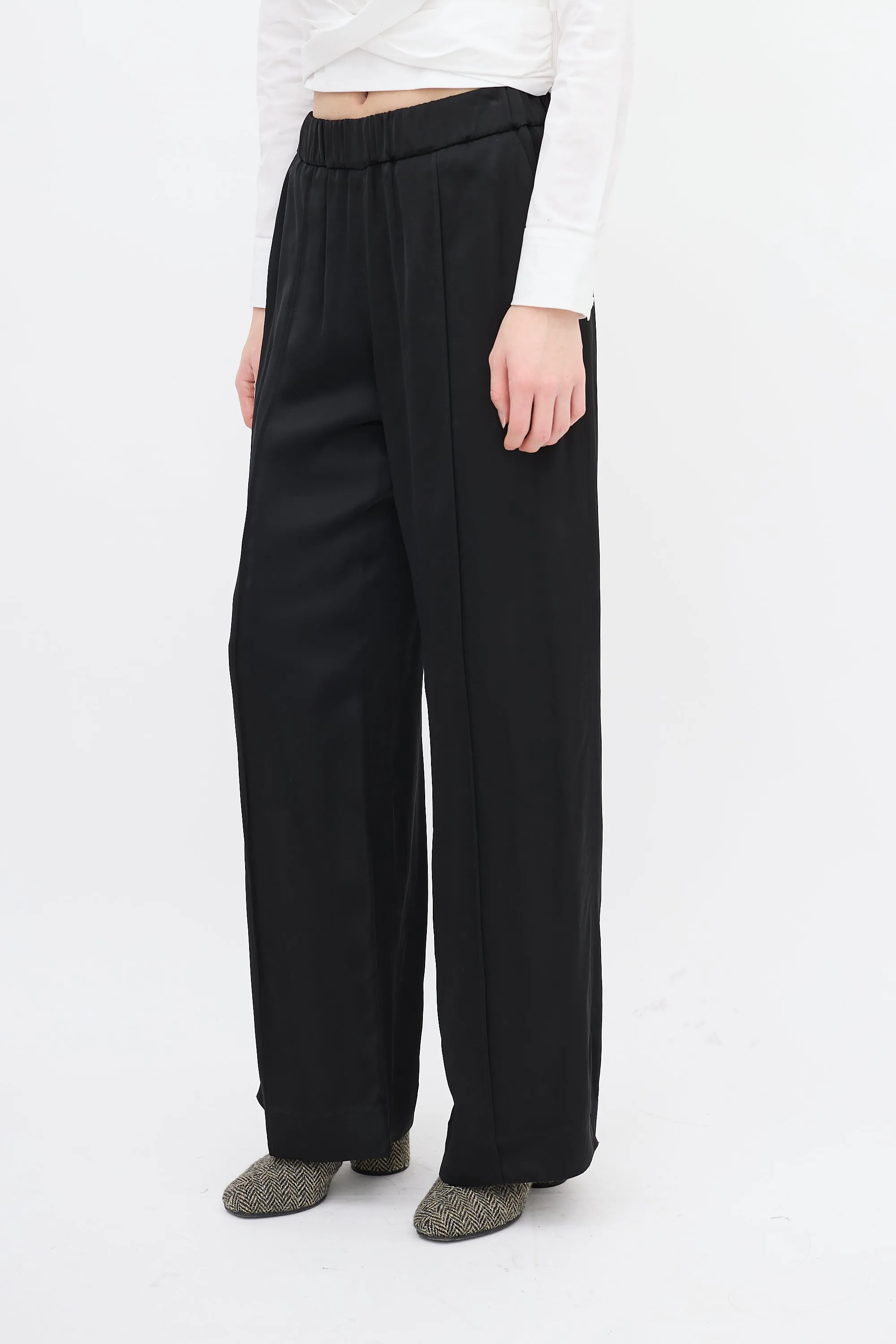 Black Satin Pintuck Wide Leg Pant