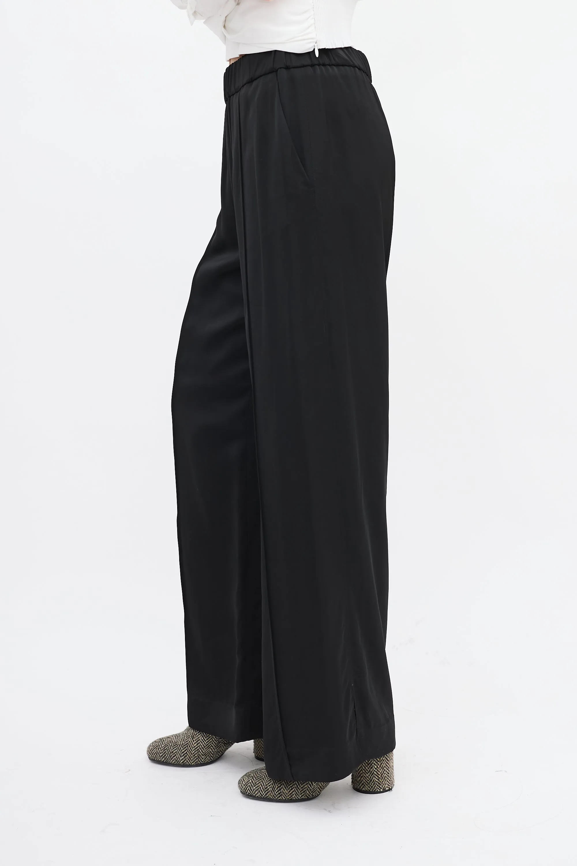 Black Satin Pintuck Wide Leg Pant
