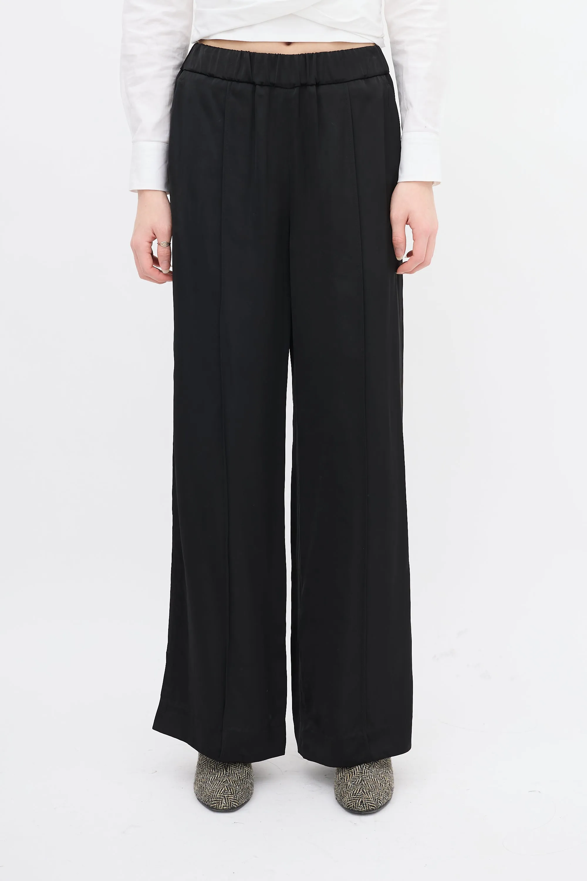 Black Satin Pintuck Wide Leg Pant