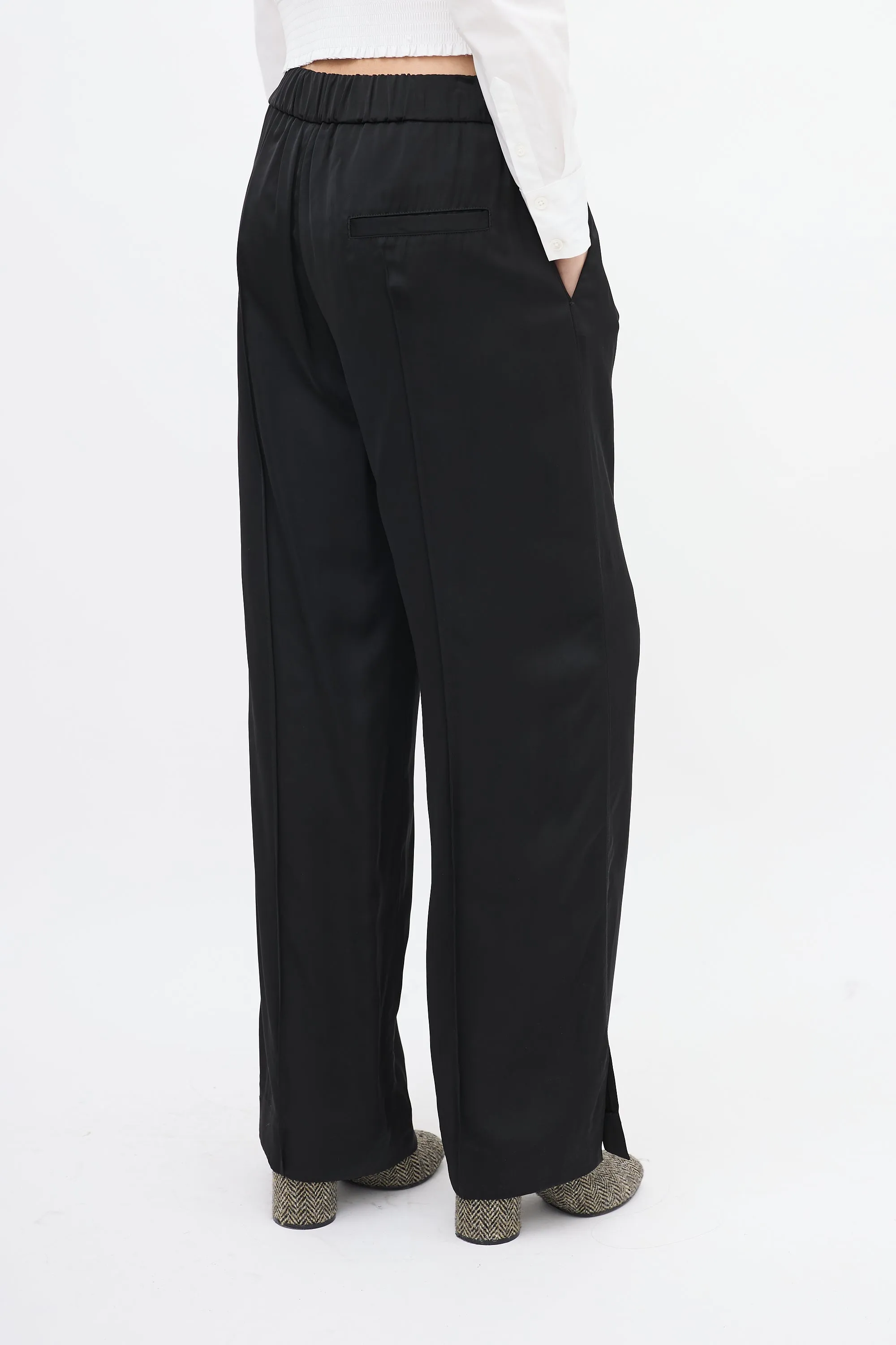 Black Satin Pintuck Wide Leg Pant