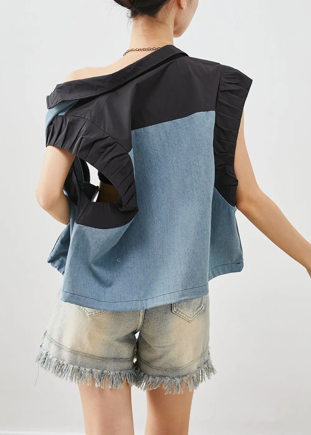 Chic Black Oversized Patchwork Denim Cotton Vests Fall ML2465