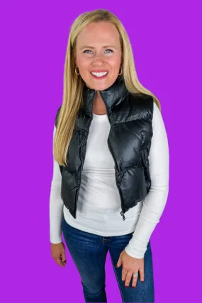 Cropped Leather Pocketed Puffer Vest in Black