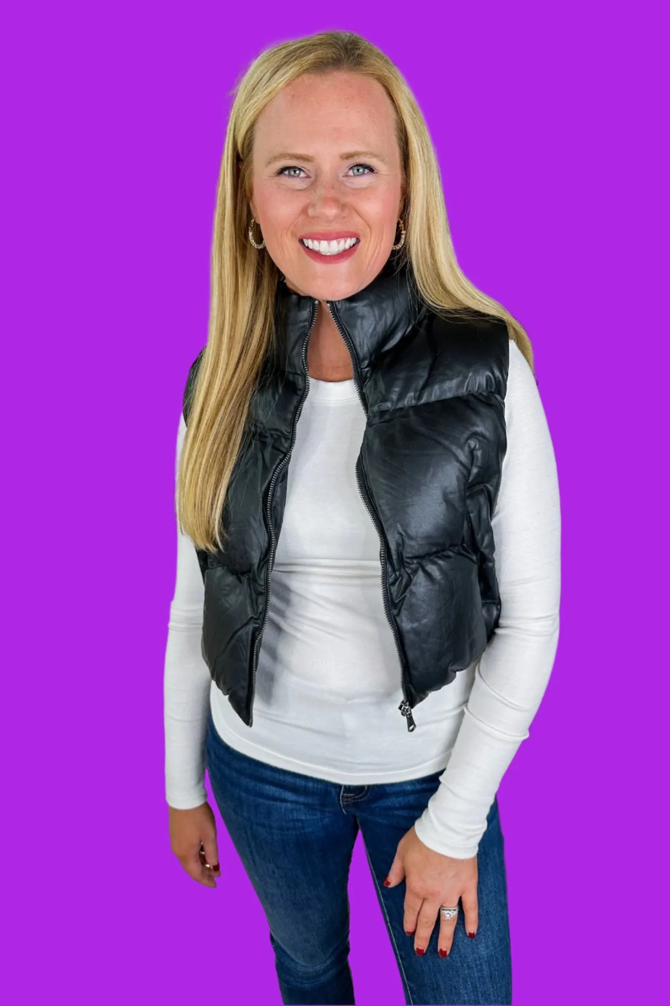 Cropped Leather Pocketed Puffer Vest in Black