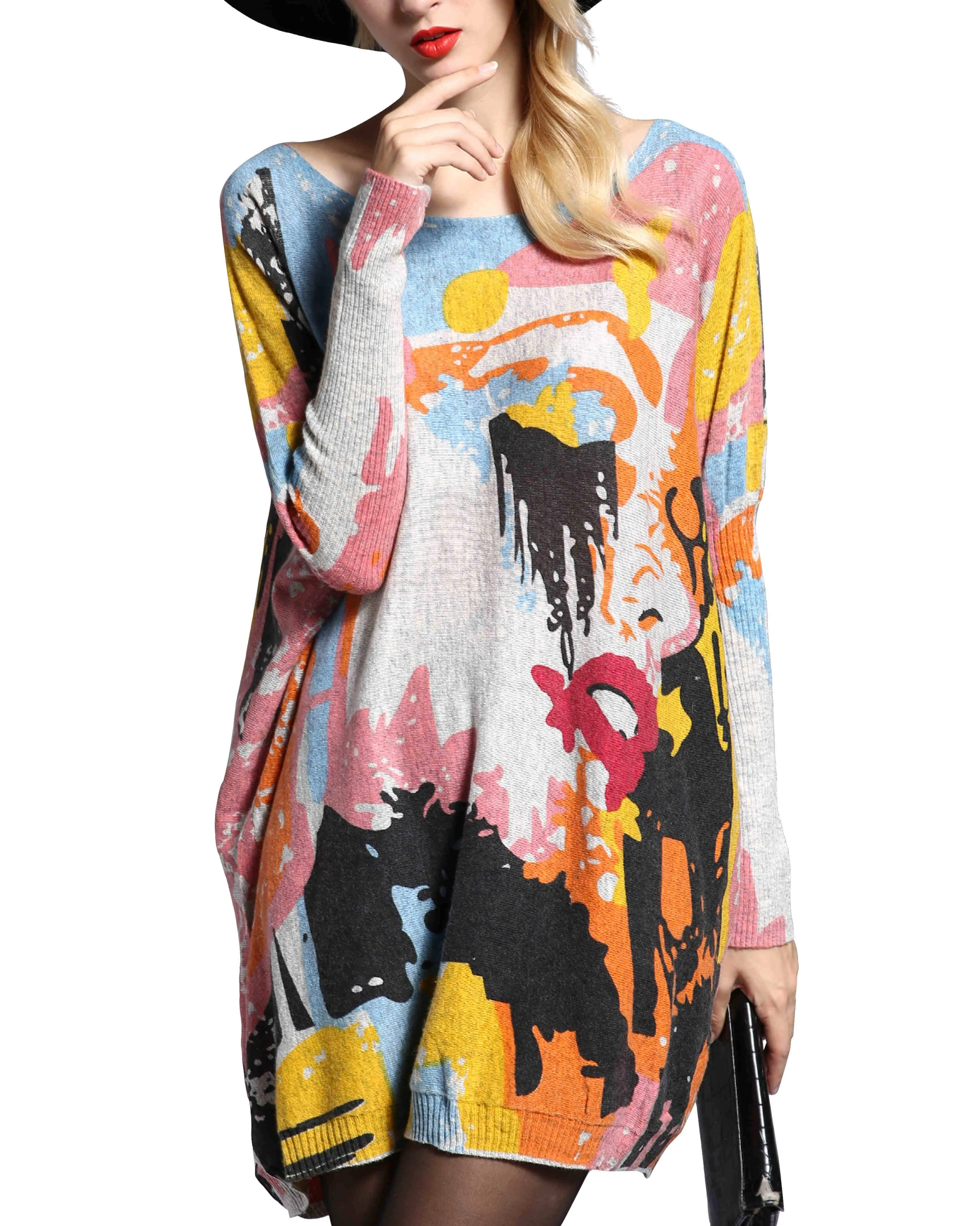 ❤ellazhu Women Fall Long Sleeve Crewneck Pattern Sweater Sweatshirts DH38