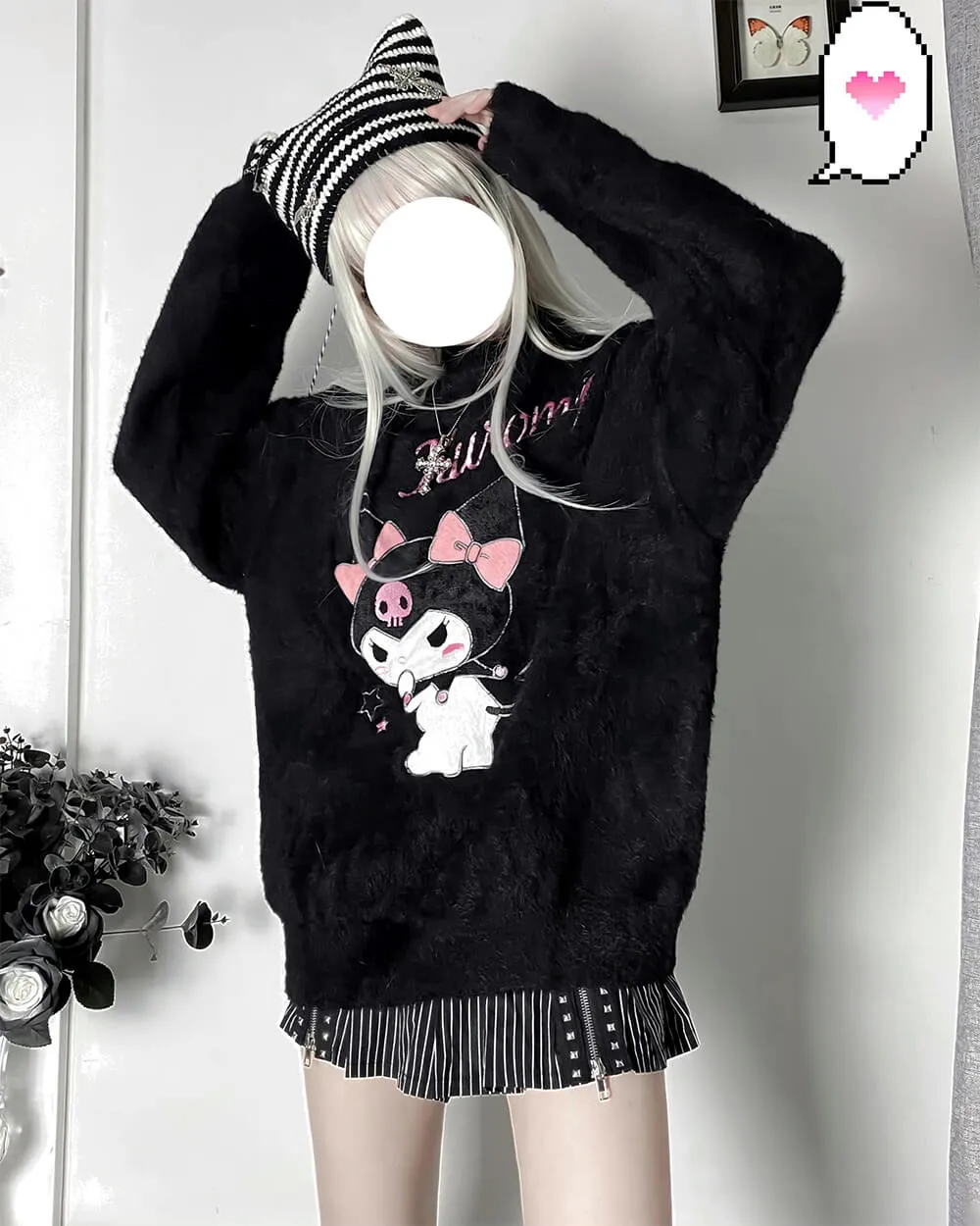 Embroidery Kuromi Frilled Neckline Pullover