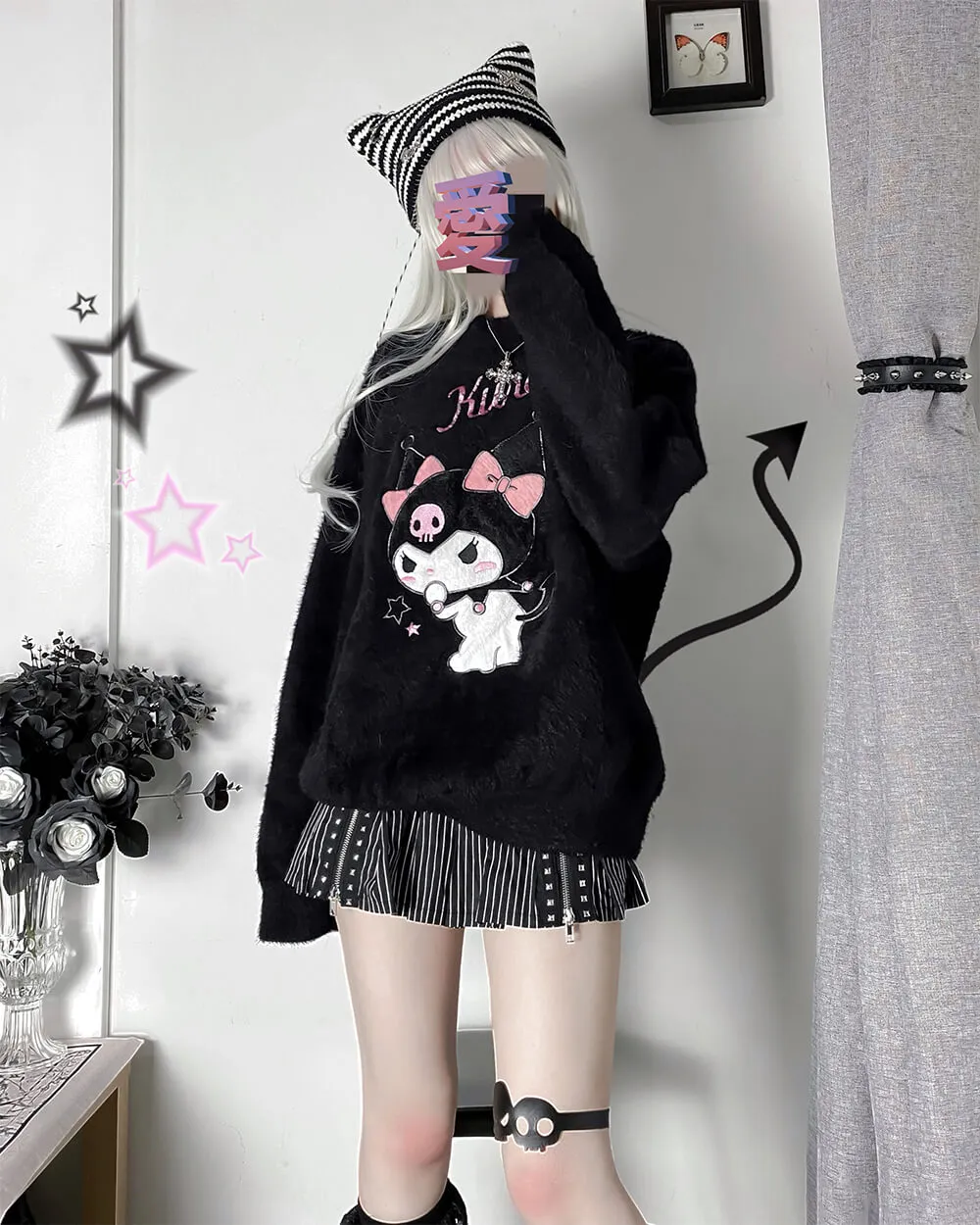Embroidery Kuromi Frilled Neckline Pullover