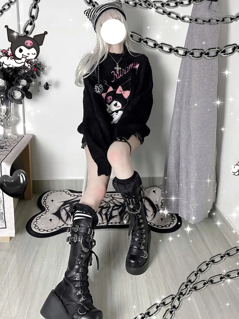 Embroidery Kuromi Frilled Neckline Pullover