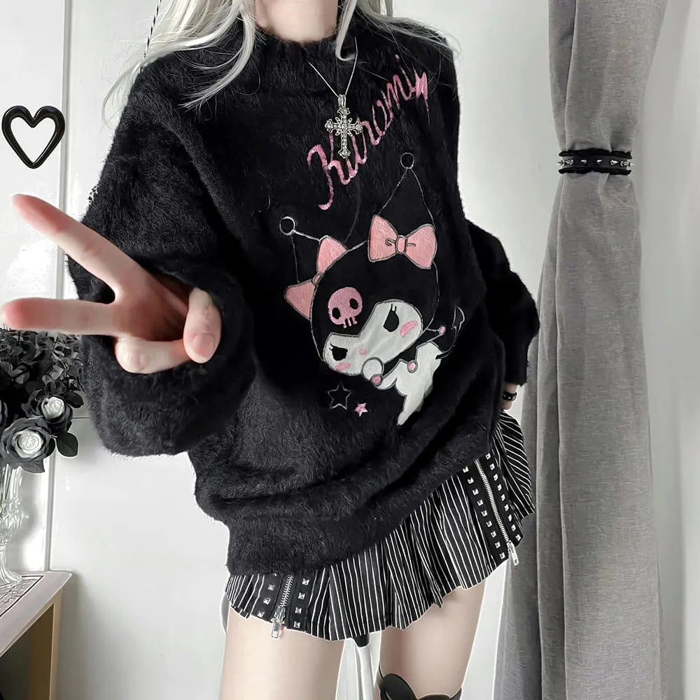 Embroidery Kuromi Frilled Neckline Pullover