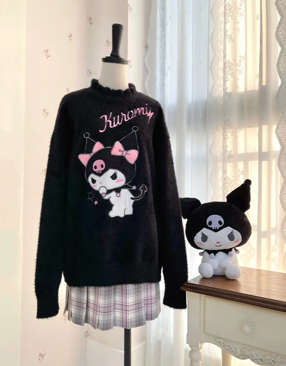 Embroidery Kuromi Frilled Neckline Pullover
