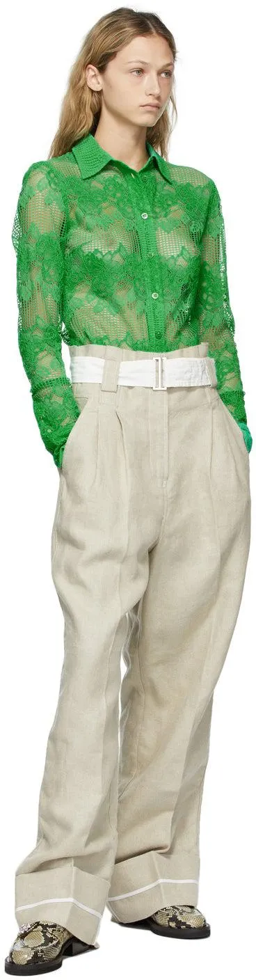 GANNI Beige Linen High-Rise Trousers