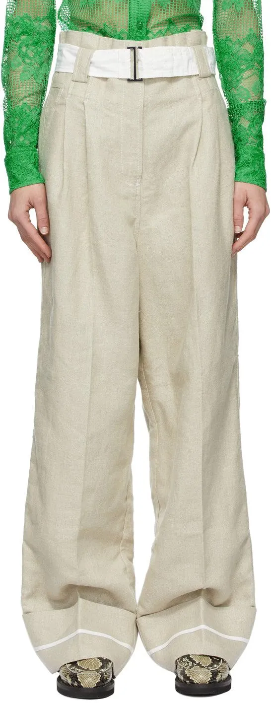 GANNI Beige Linen High-Rise Trousers