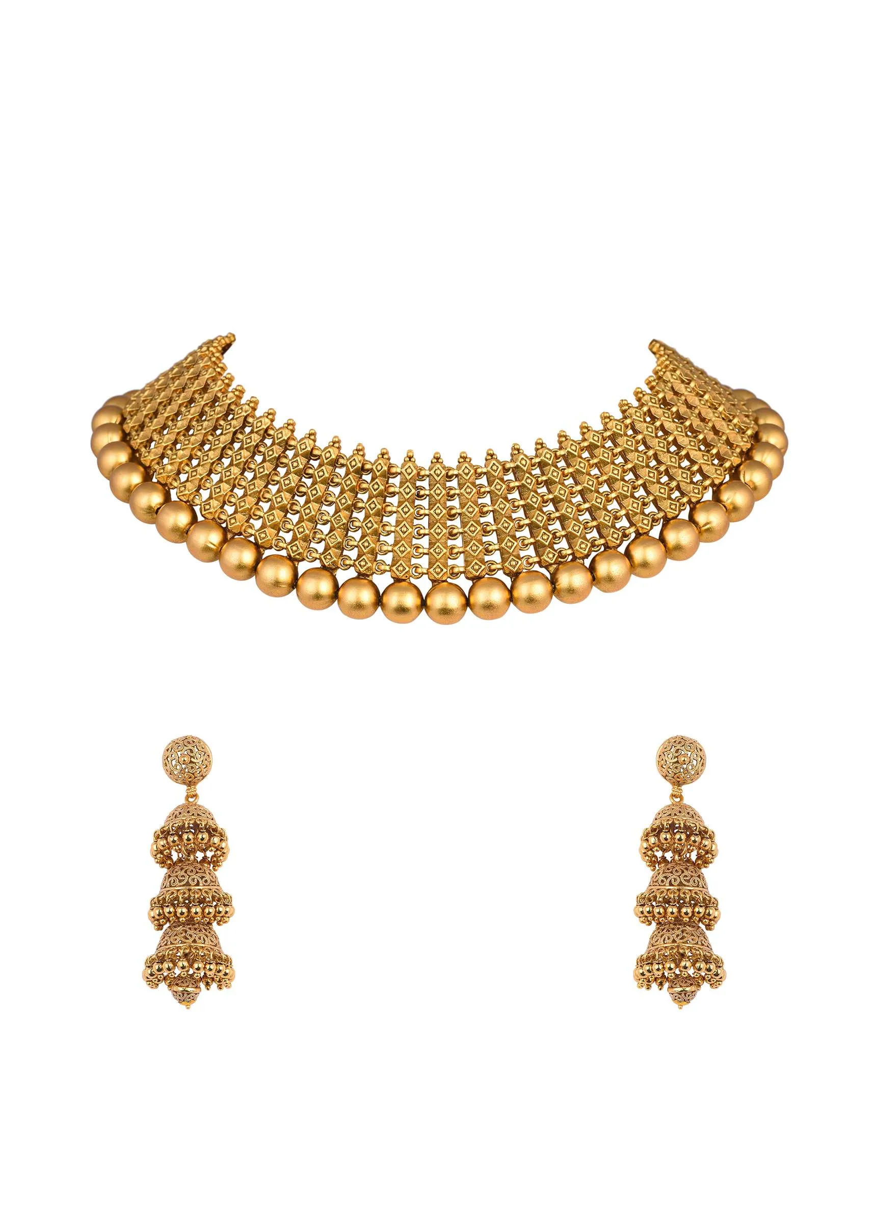 Gold Tone Temple Necklace With Layered Earrings
