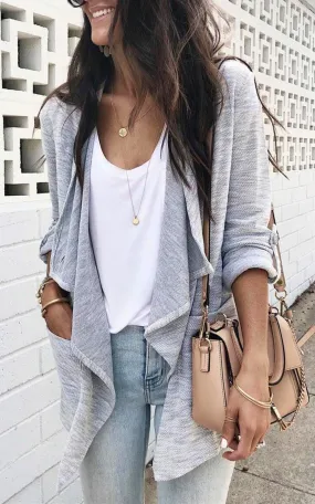 Gray Drape Front Knit Jacket