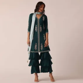 Green Kurta And Layered Pant Set
