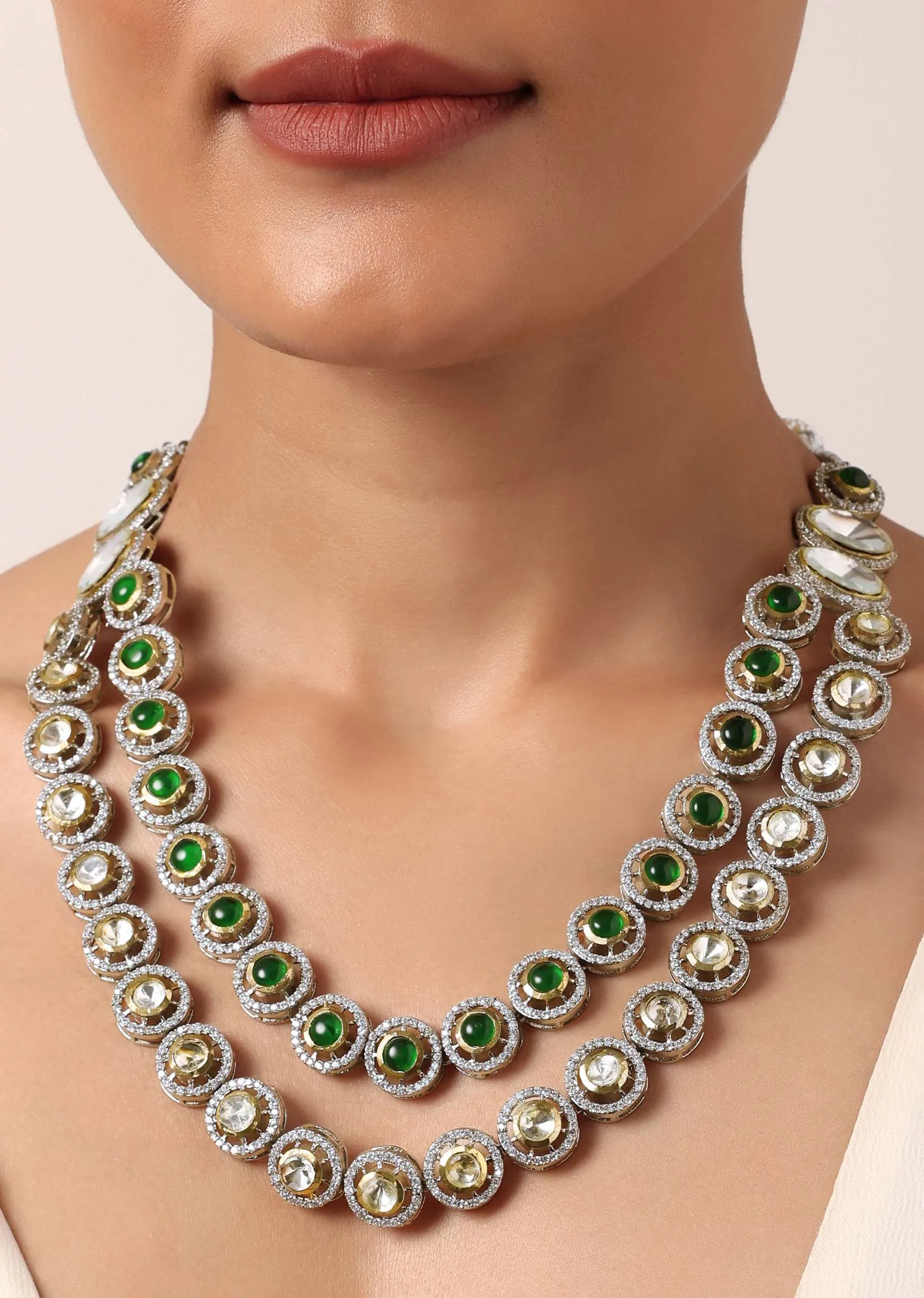 Green Two Layered Polki Necklace Set