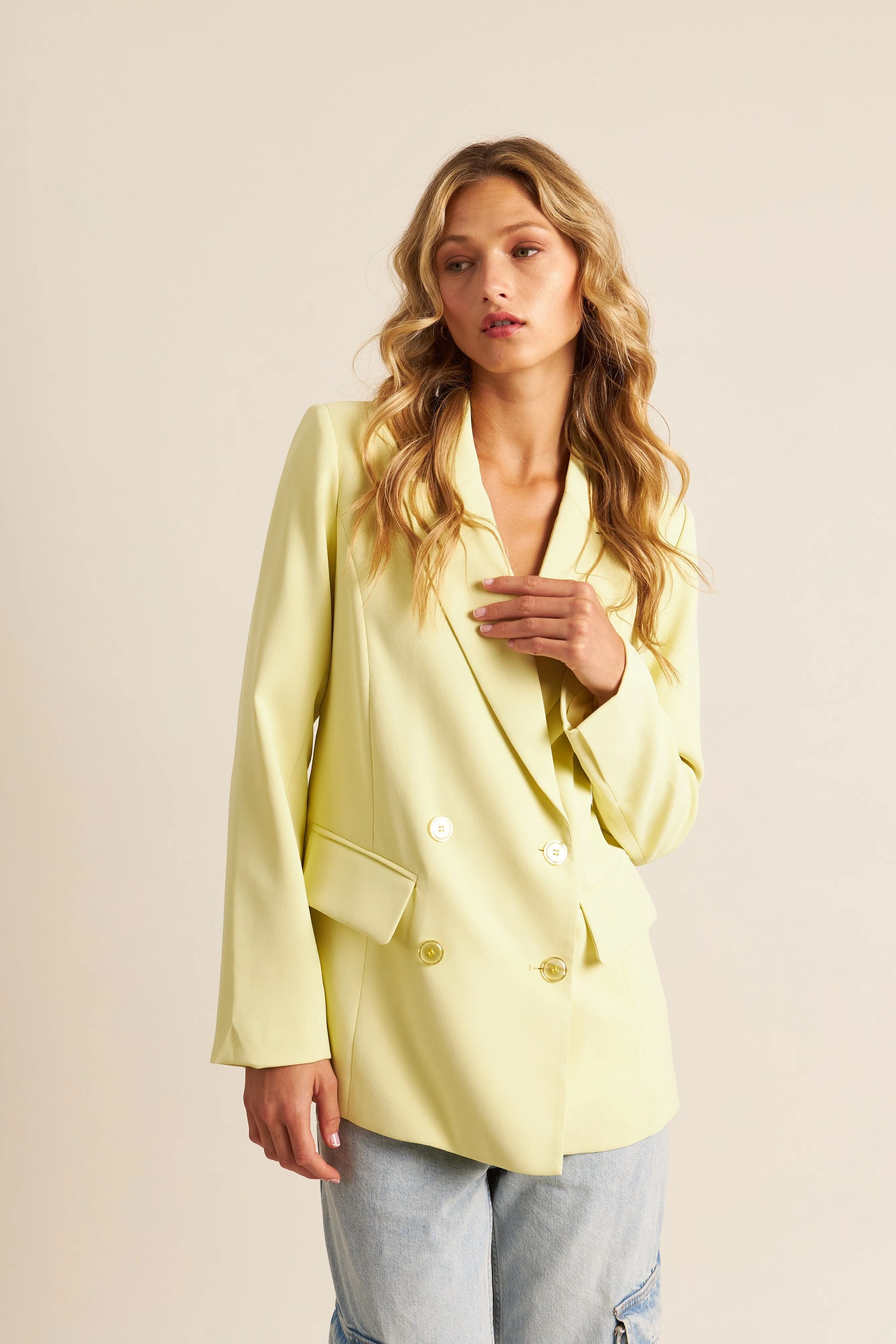 John & Jenn Lincoln Double Breasted Blazer- Lemon Chiffon