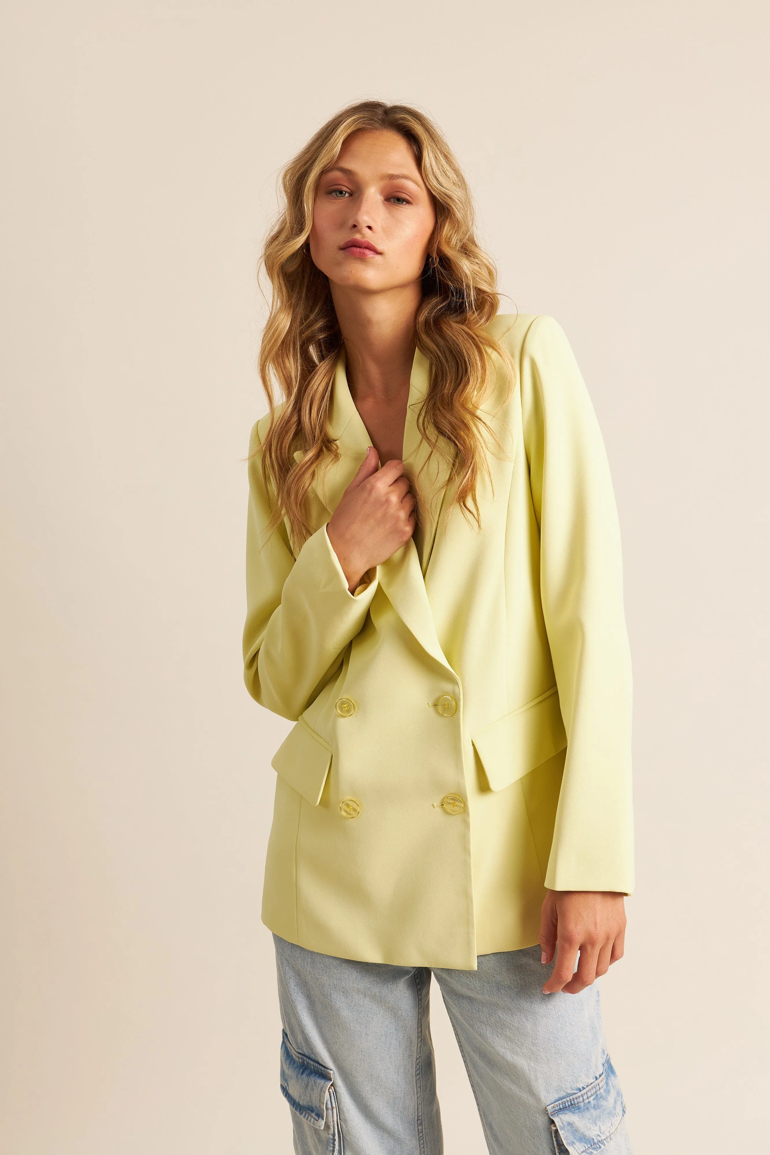 John & Jenn Lincoln Double Breasted Blazer- Lemon Chiffon