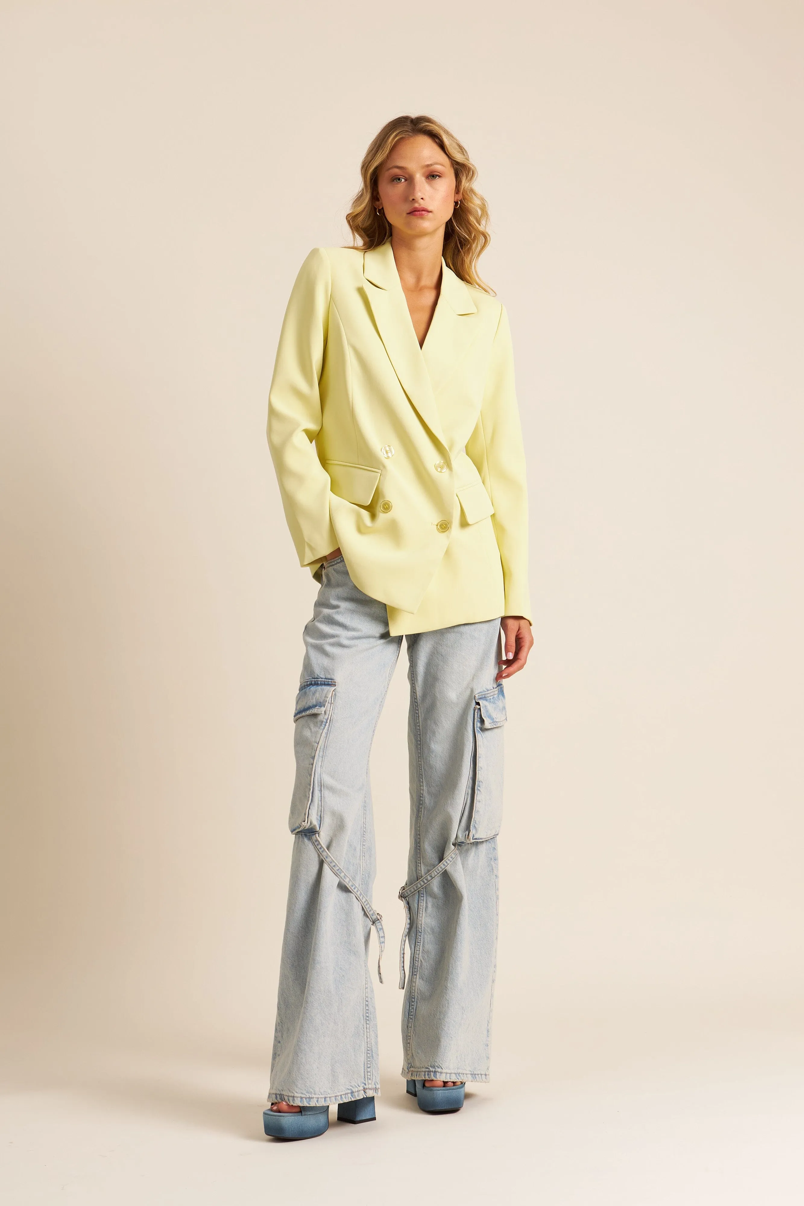 John & Jenn Lincoln Double Breasted Blazer- Lemon Chiffon