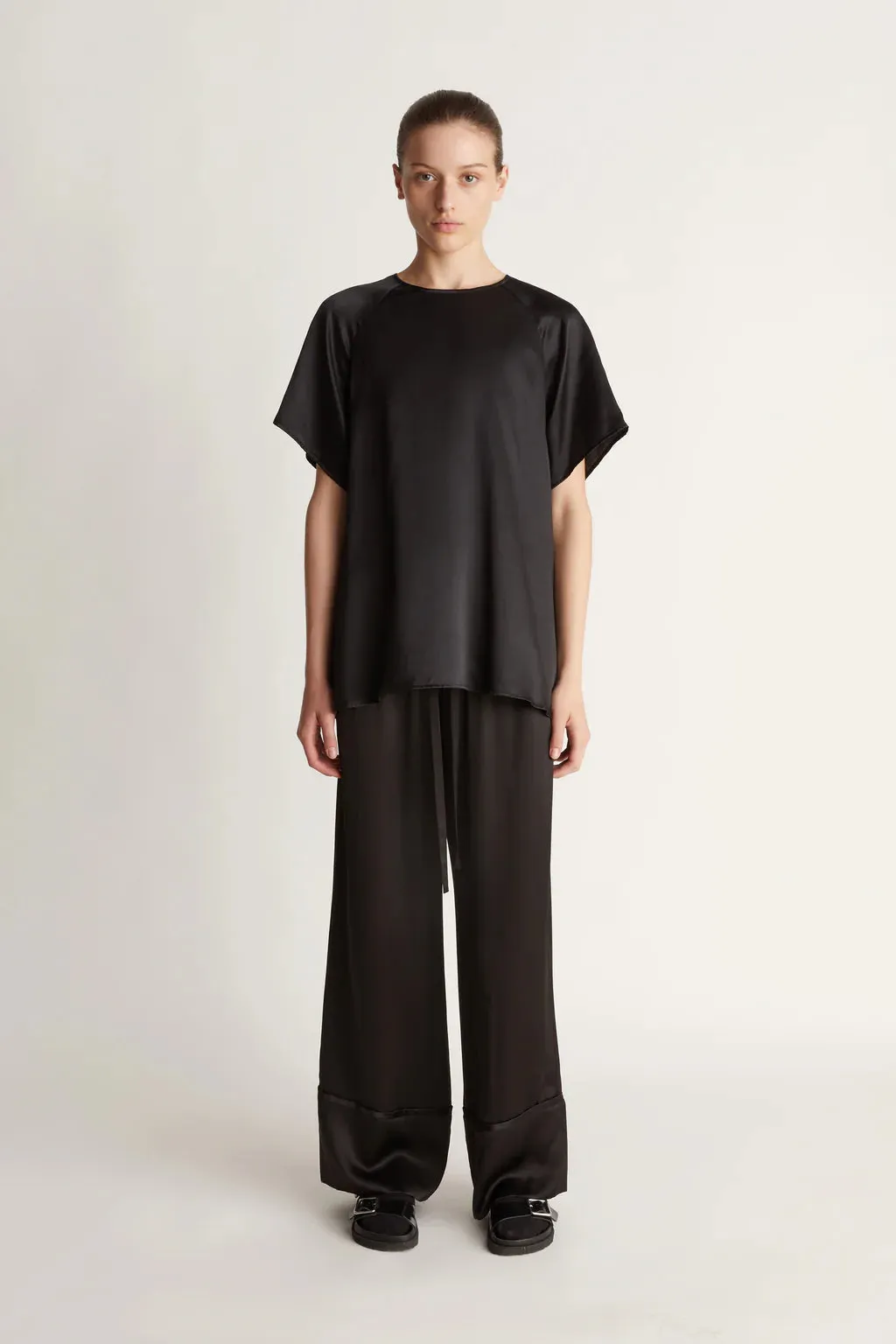 Lee Mathews Stella Silk Satin Raglan Tee in Black