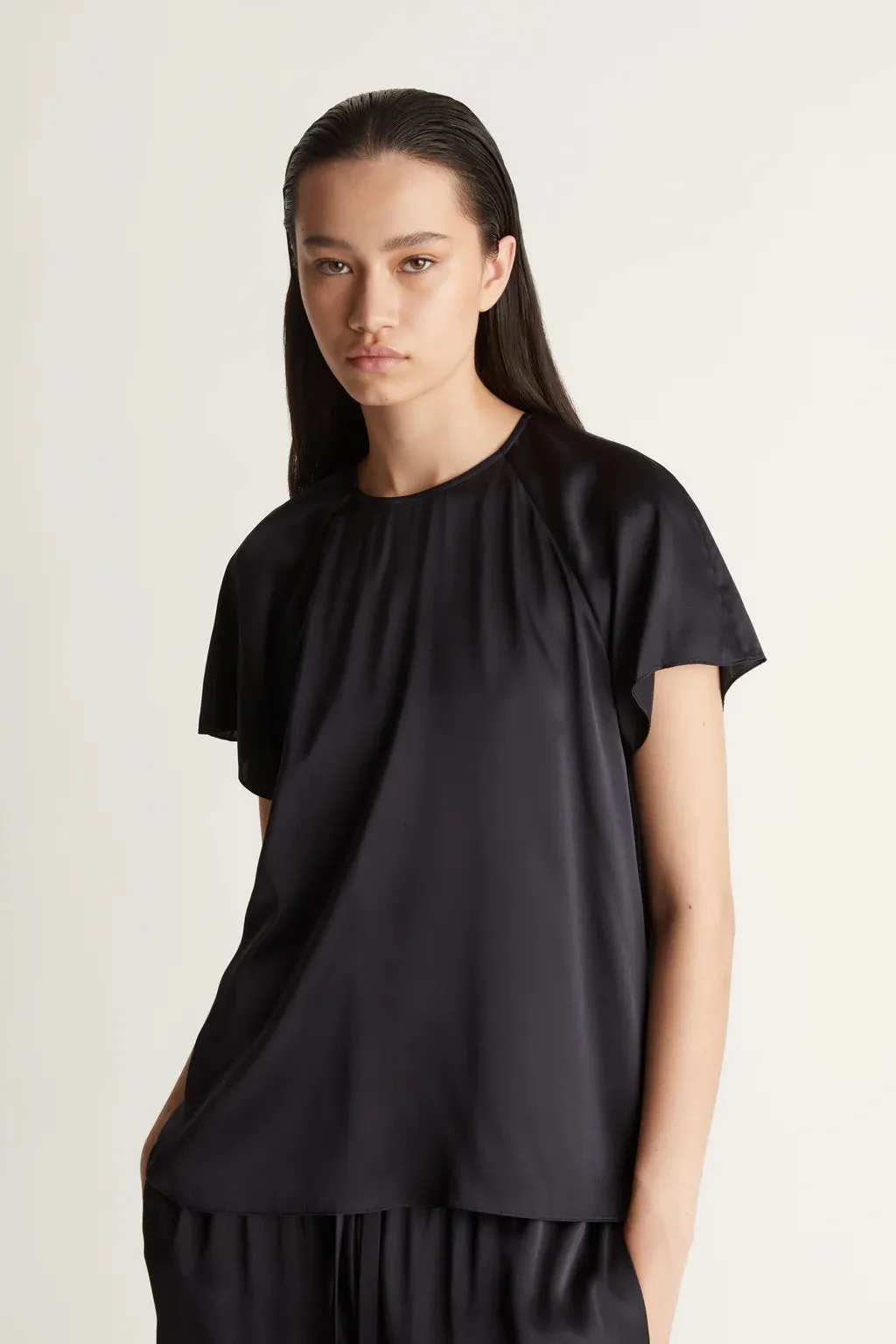 Lee Mathews Stella Silk Satin Raglan Tee in Midnight