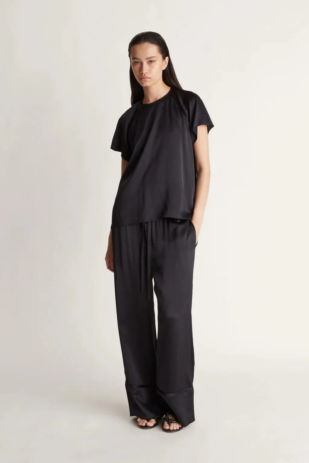 Lee Mathews Stella Silk Satin Raglan Tee in Midnight
