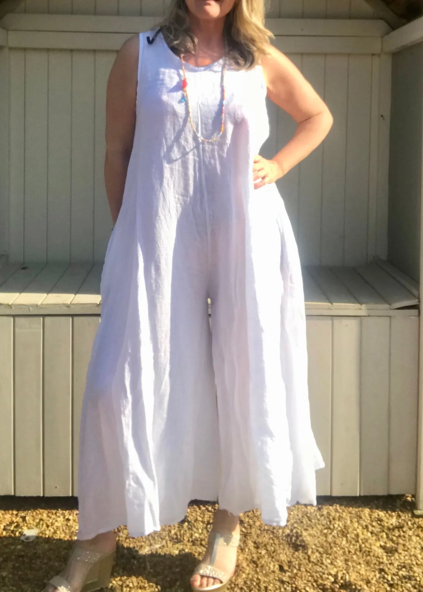 Linen Jumpsuit - in White  Made in Italy by Feathers Of Italy One Size