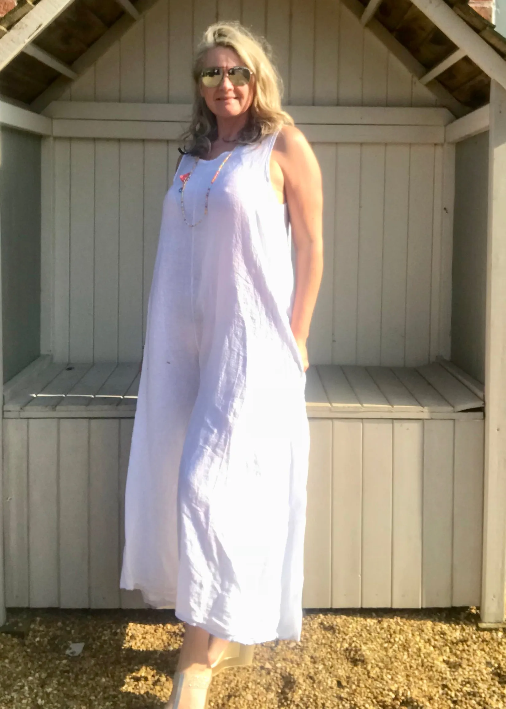 Linen Jumpsuit - in White  Made in Italy by Feathers Of Italy One Size