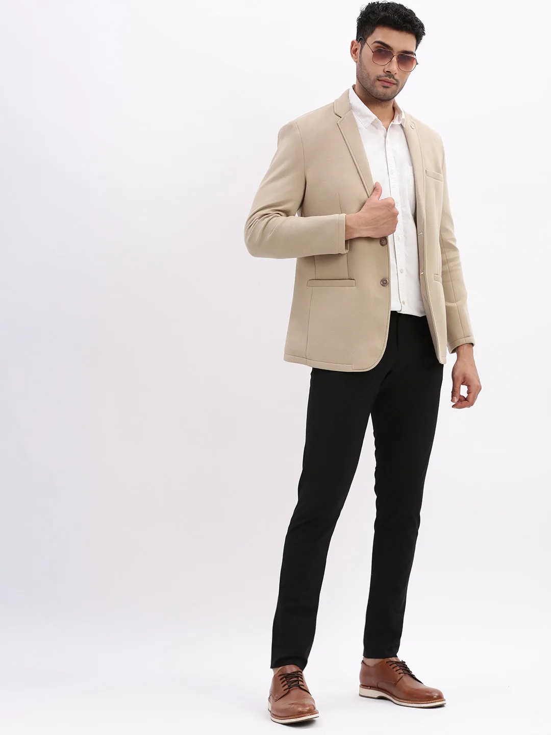 Men Solid Beige Single Breasted Blazer