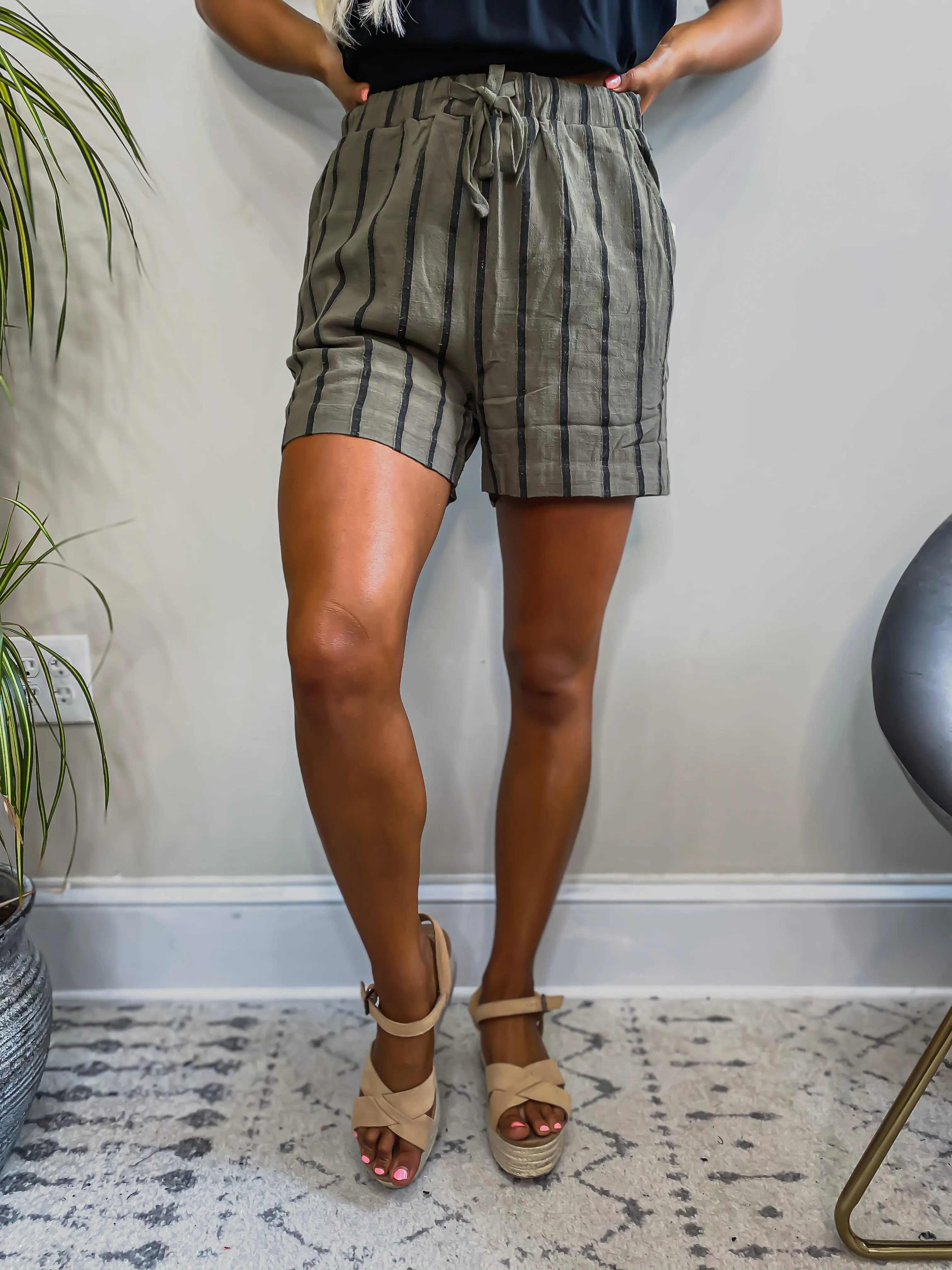 Olive Stripe Linen Drawstring Shorts