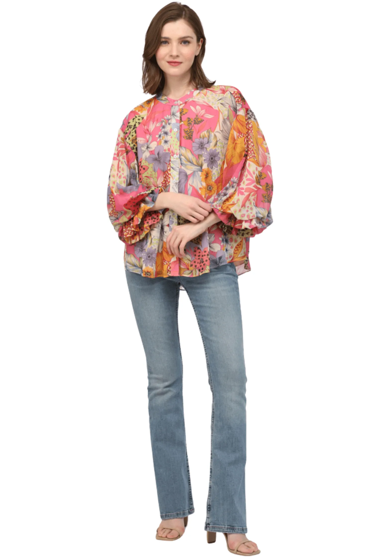 Printed Chiffon Bubble Sleeve Blouse