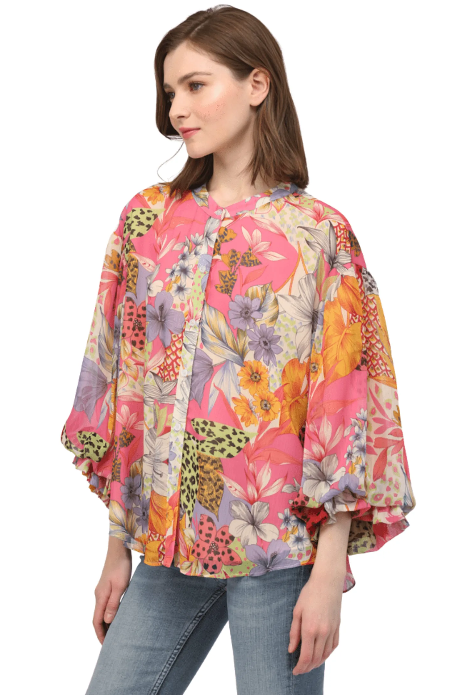 Printed Chiffon Bubble Sleeve Blouse