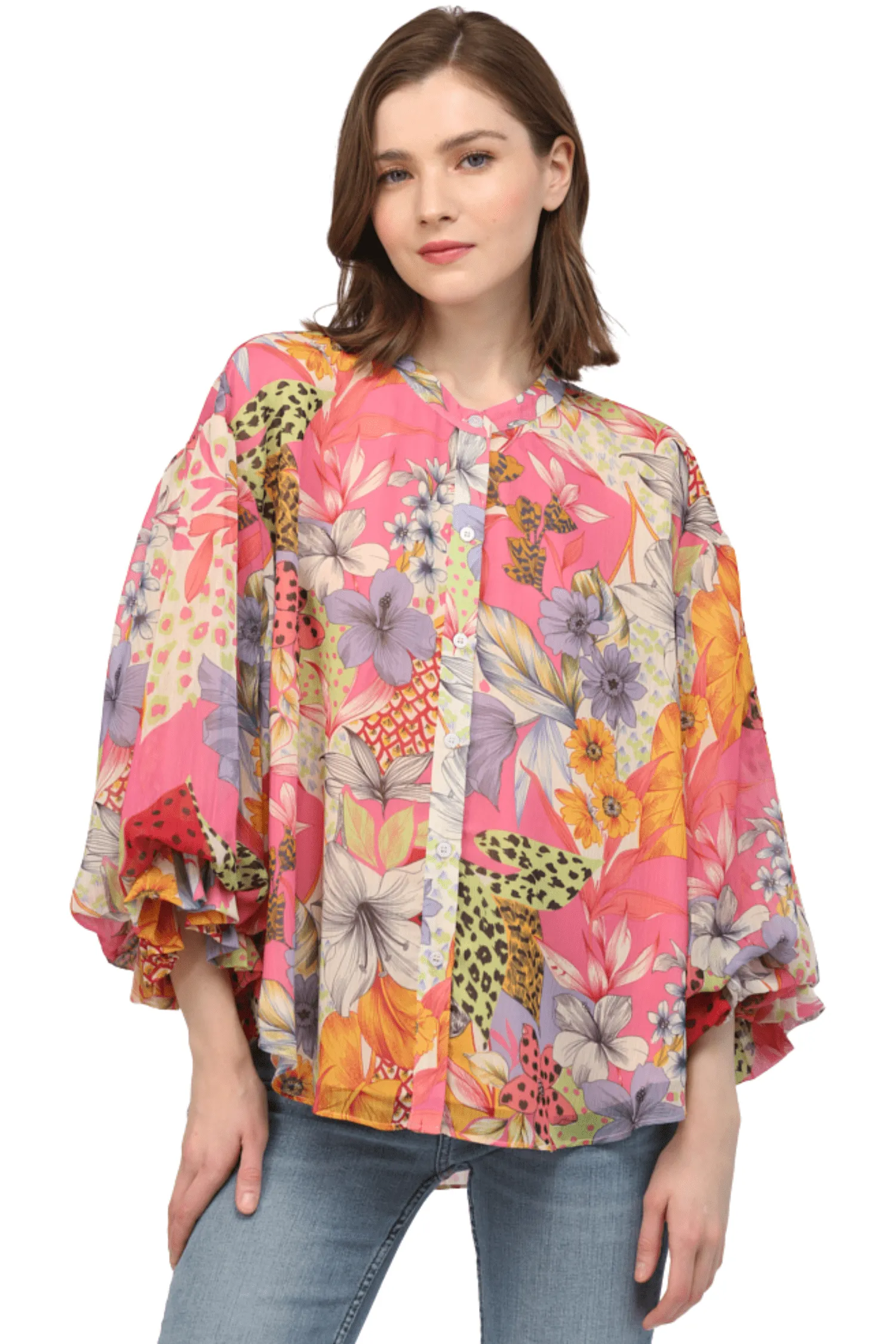Printed Chiffon Bubble Sleeve Blouse