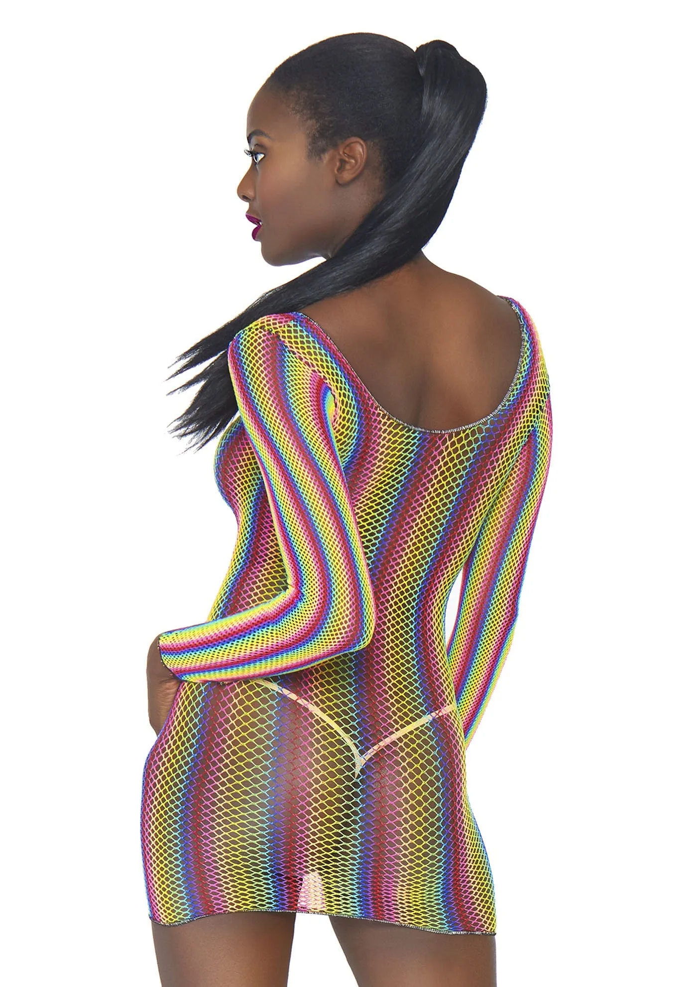 Rainbow Fishnet Long Sleeved Mini Dress