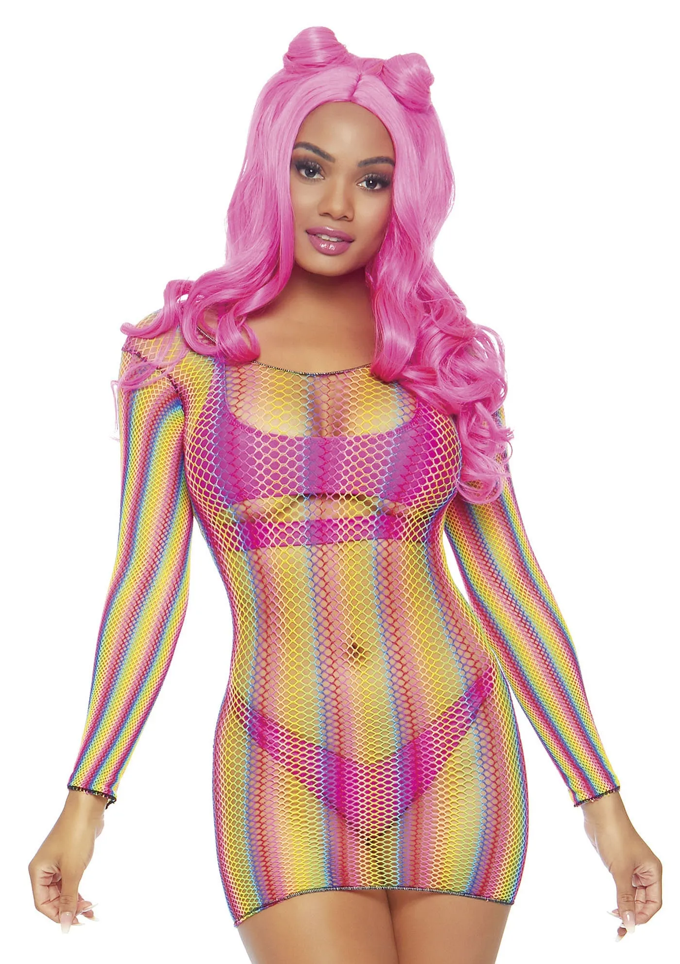 Rainbow Fishnet Long Sleeved Mini Dress