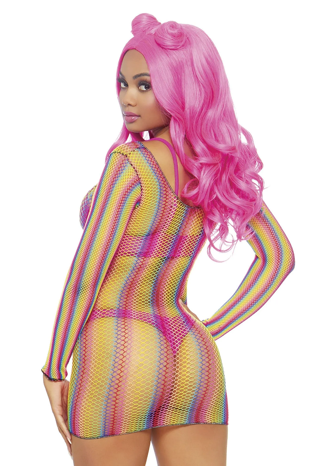 Rainbow Fishnet Long Sleeved Mini Dress