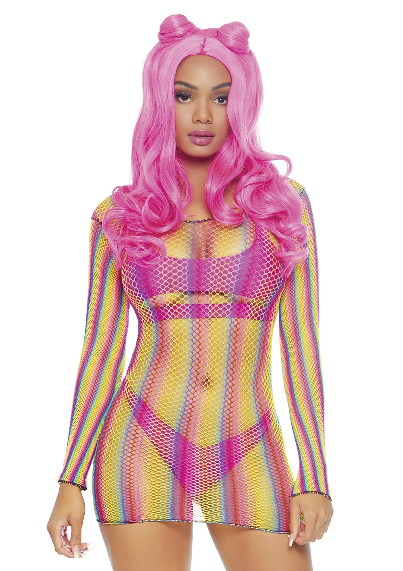 Rainbow Fishnet Long Sleeved Mini Dress