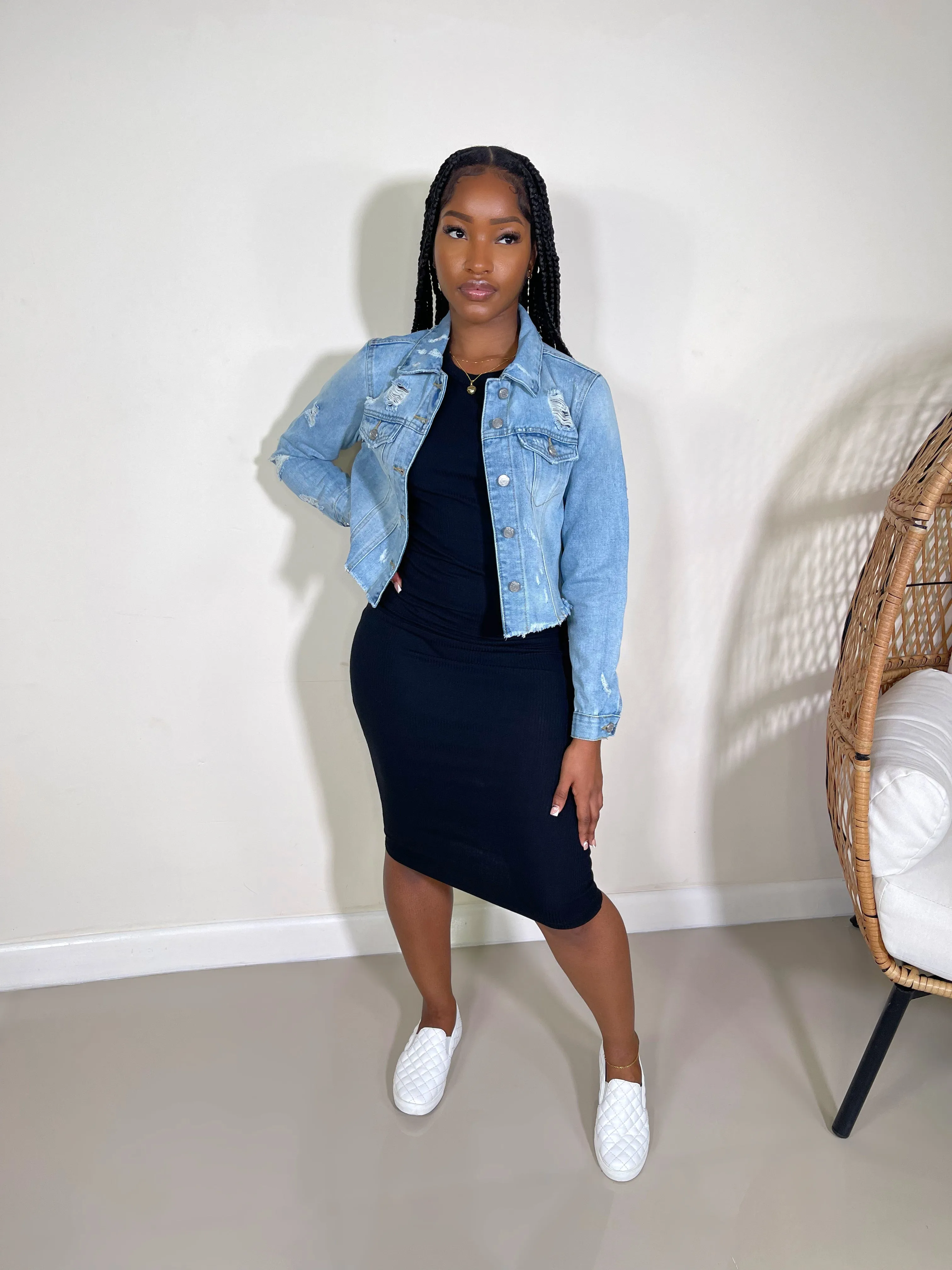 Reese Crop Destructed Denim Jacket-Light Blue(RESTOCKED)