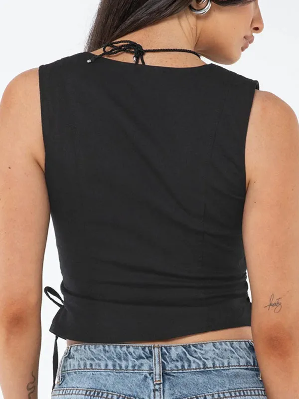 Solid Sleeveless Lace-Up Crop Top | Button-Up Vest