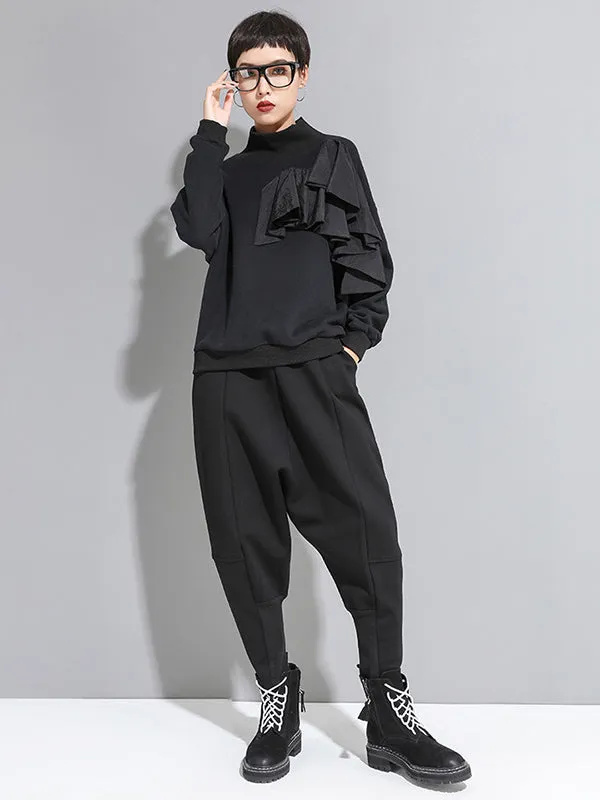 xakxx Stylish Black Velvet Split-Joint Harem Pants