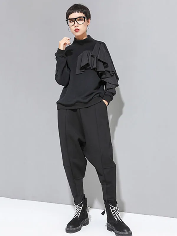 xakxx Stylish Black Velvet Split-Joint Harem Pants