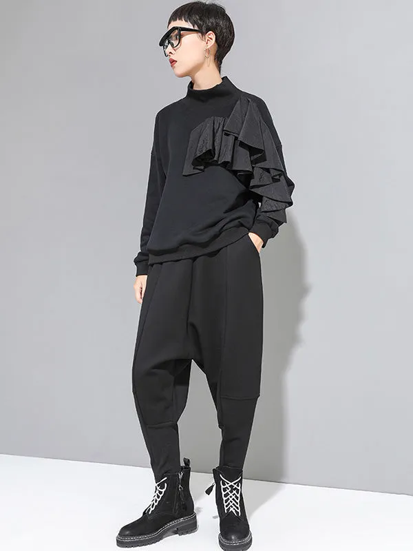 xakxx Stylish Black Velvet Split-Joint Harem Pants