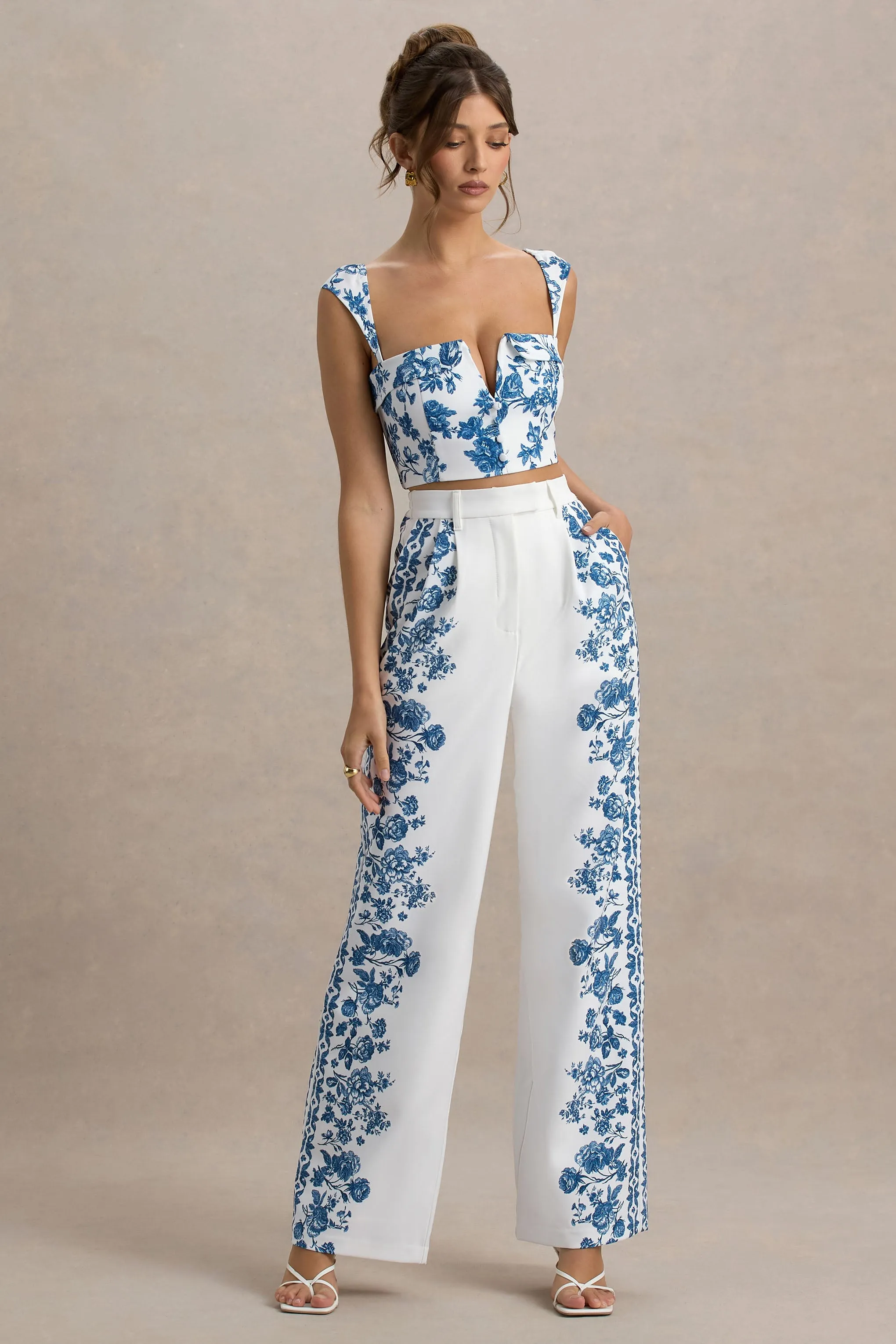 Zelie | Blue Porcelain Print Wide-Leg Trousers